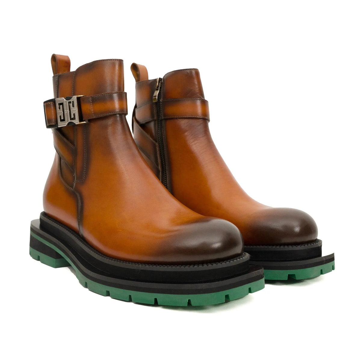 Cognac Buckle Zip Boots with Green Sole VanPasch