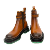 Cognac Buckle Zip Boots with Green Sole VanPasch