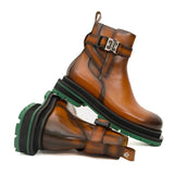 Cognac Buckle Zip Boots with Green Sole VanPasch