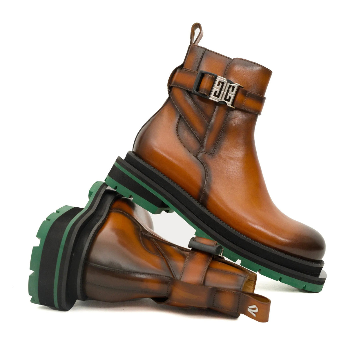 Cognac Buckle Zip Boots with Green Sole VanPasch