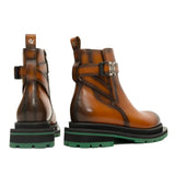 Cognac Buckle Zip Boots with Green Sole VanPasch