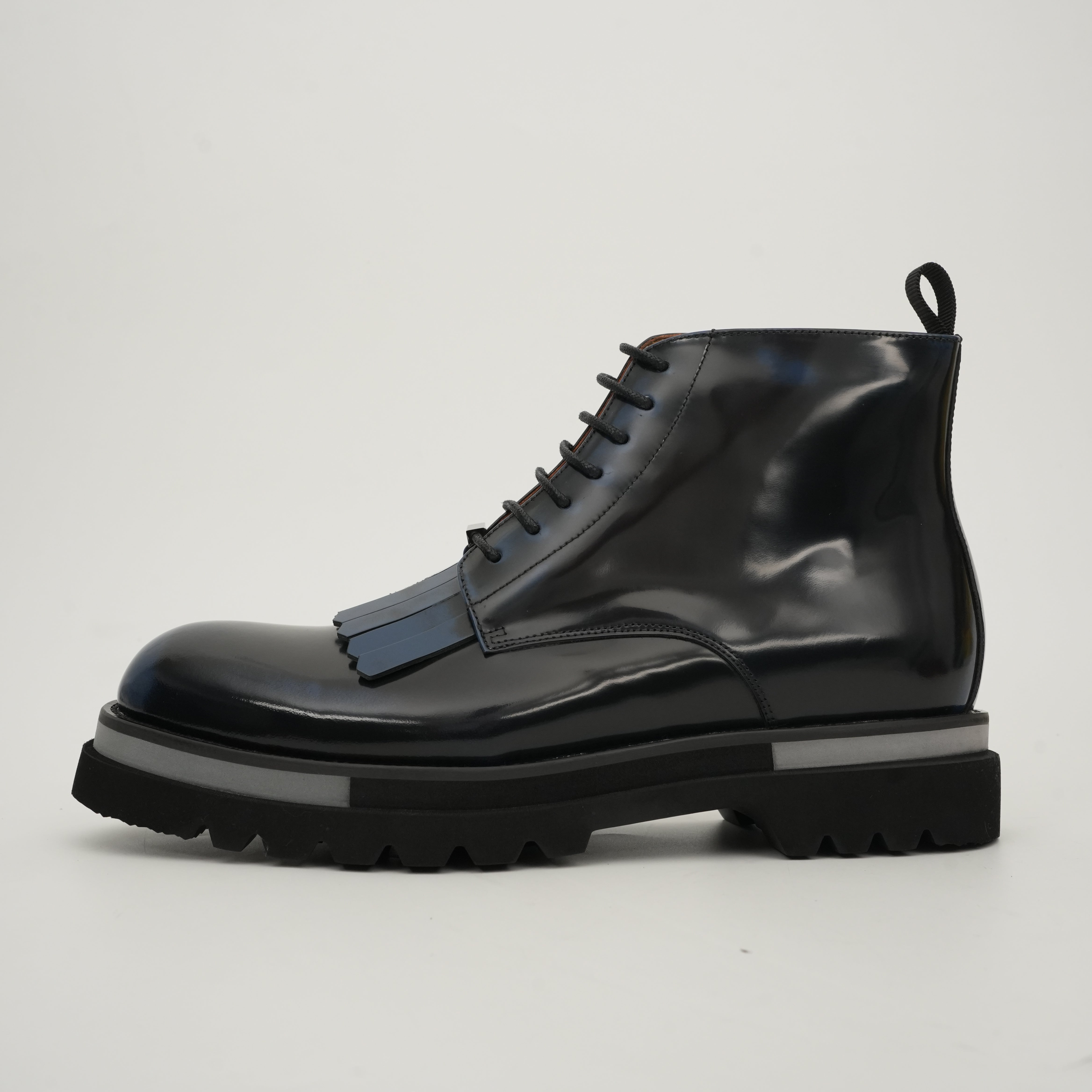 Black Patent Fringe Lug Sole Boots