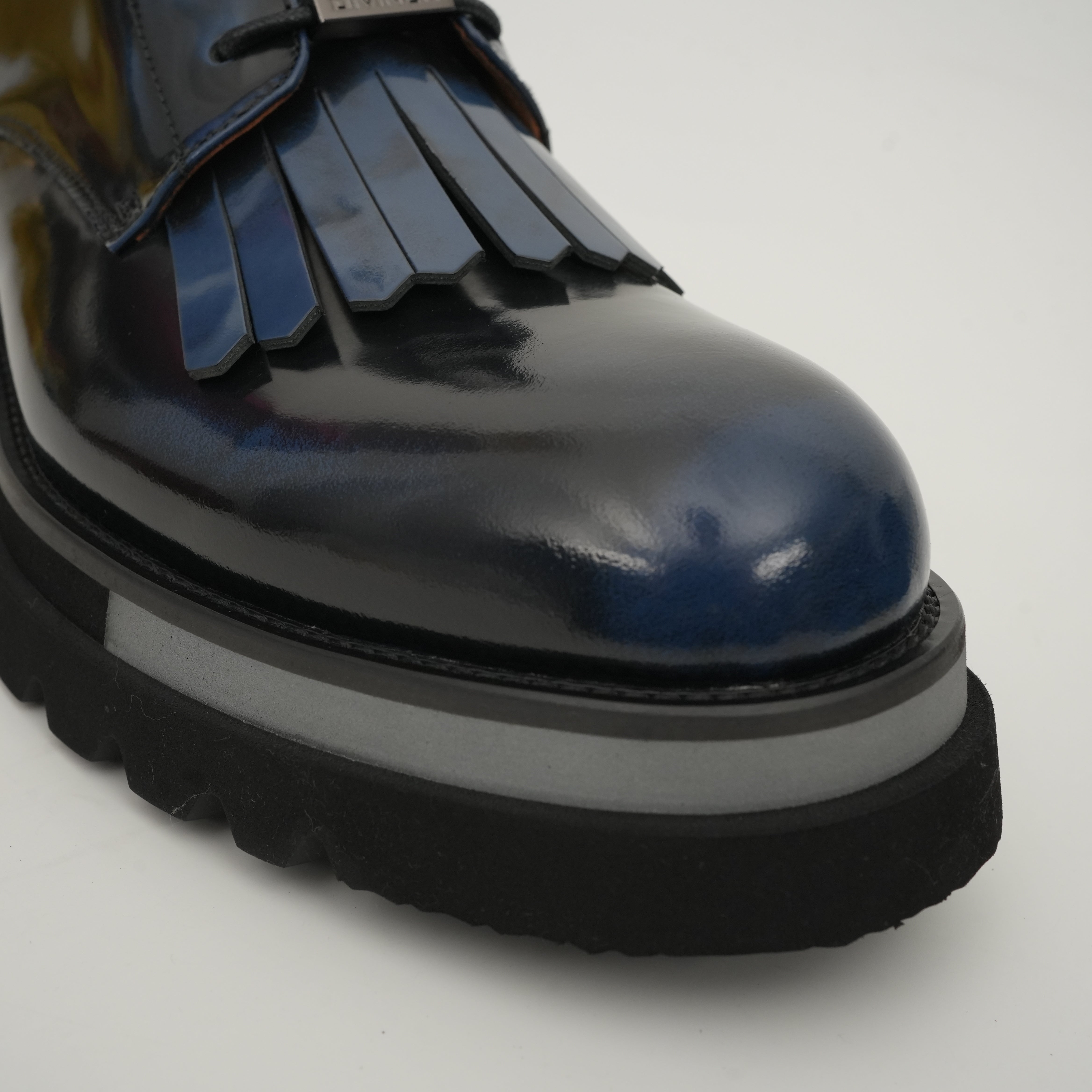 Black Patent Fringe Lug Sole Boots