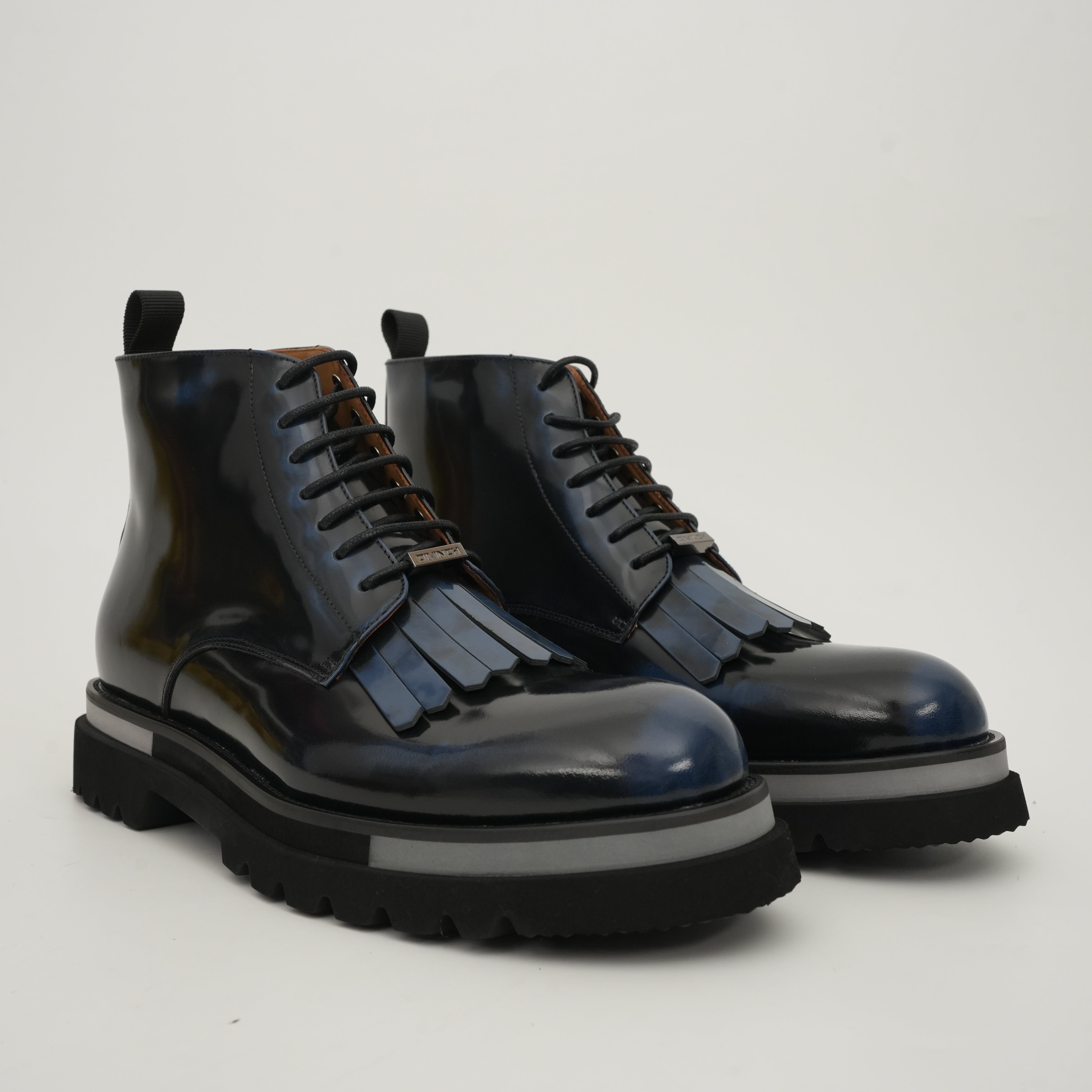 Black Patent Fringe Lug Sole Boots