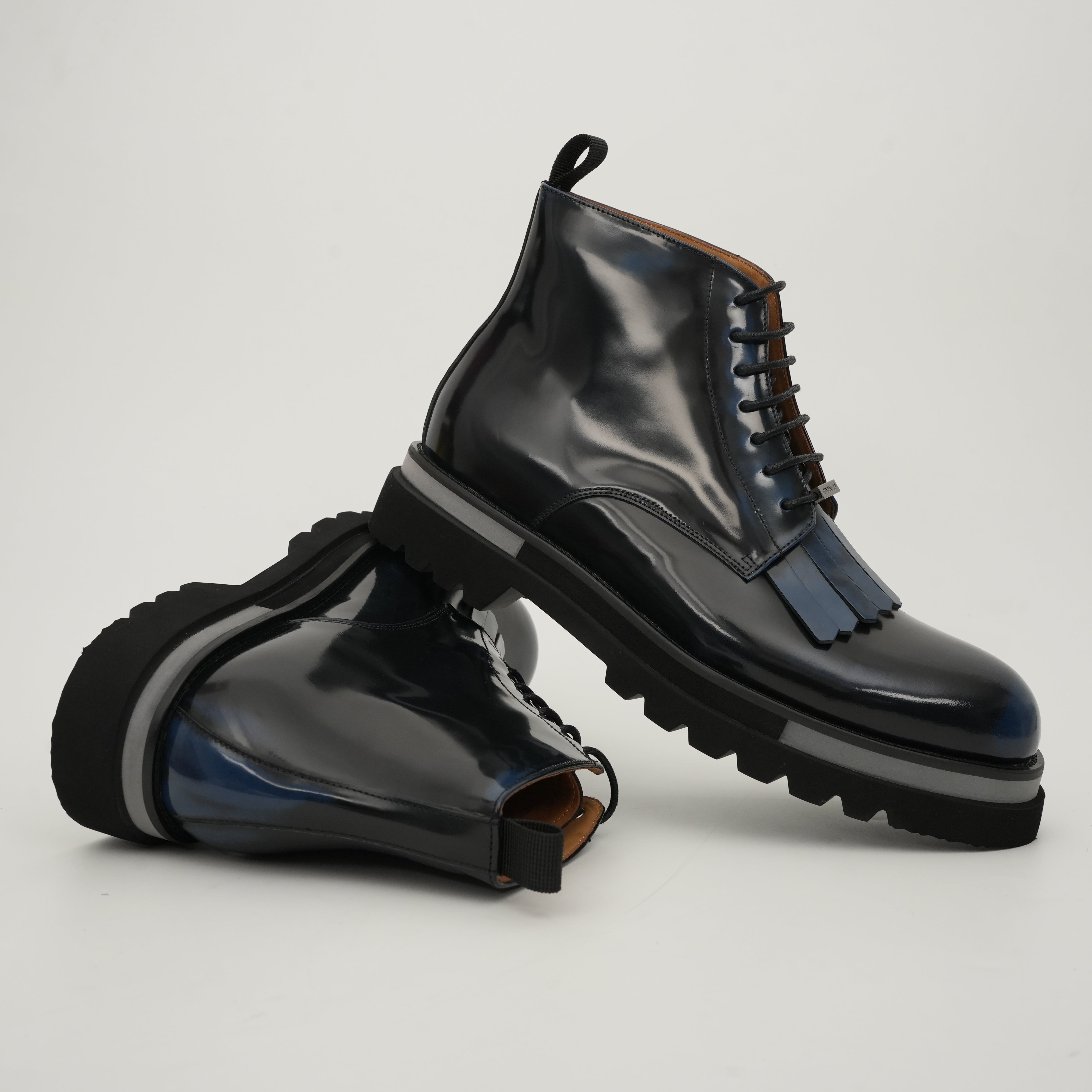 Black Patent Fringe Lug Sole Boots