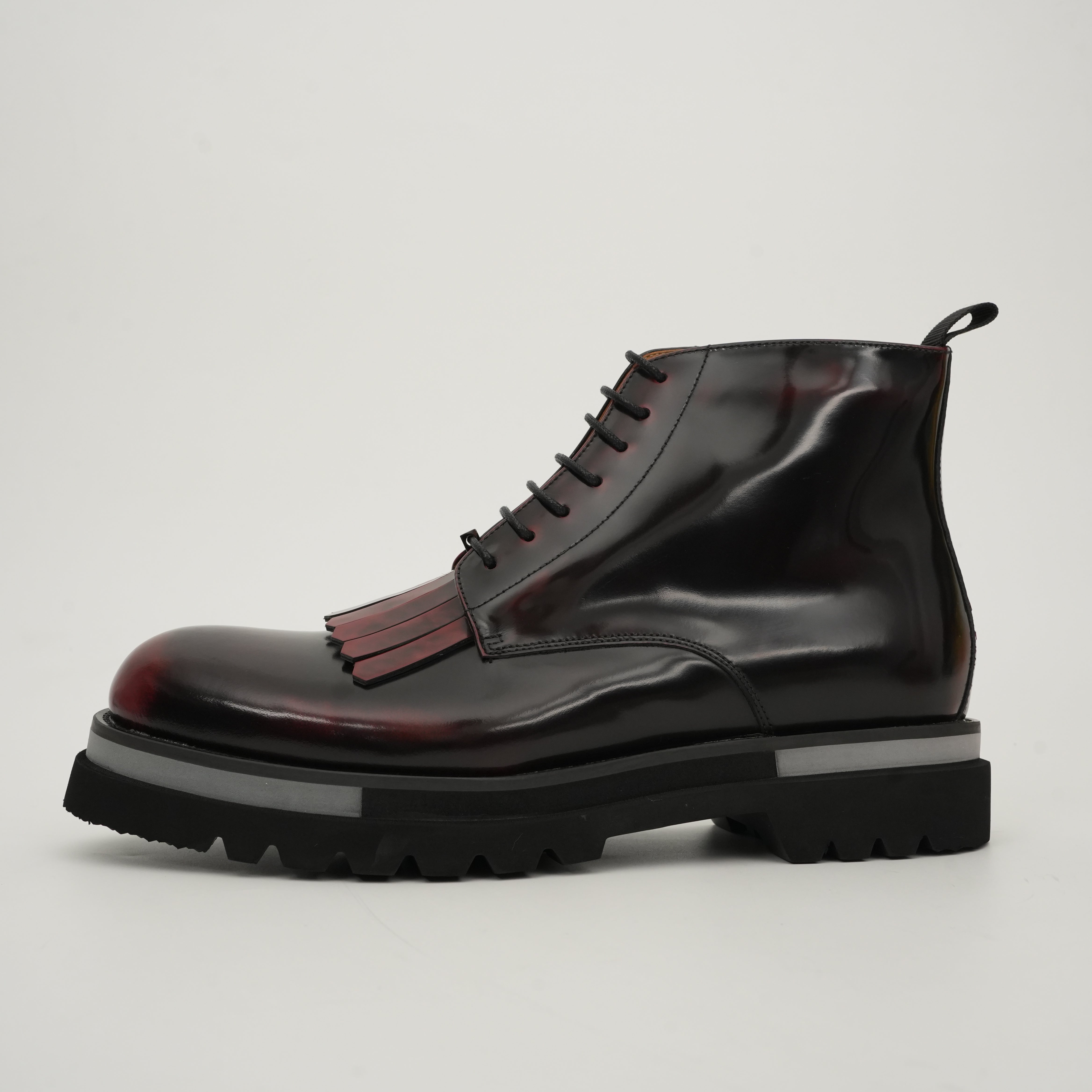 Black Patent Fringe Lug Sole Boots