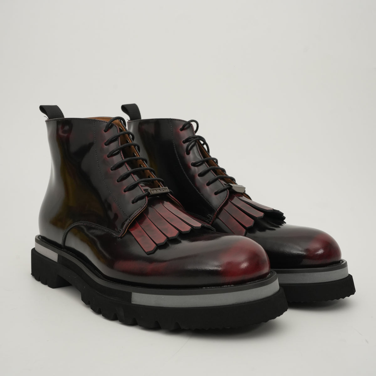 Black Patent Fringe Lug Sole Boots