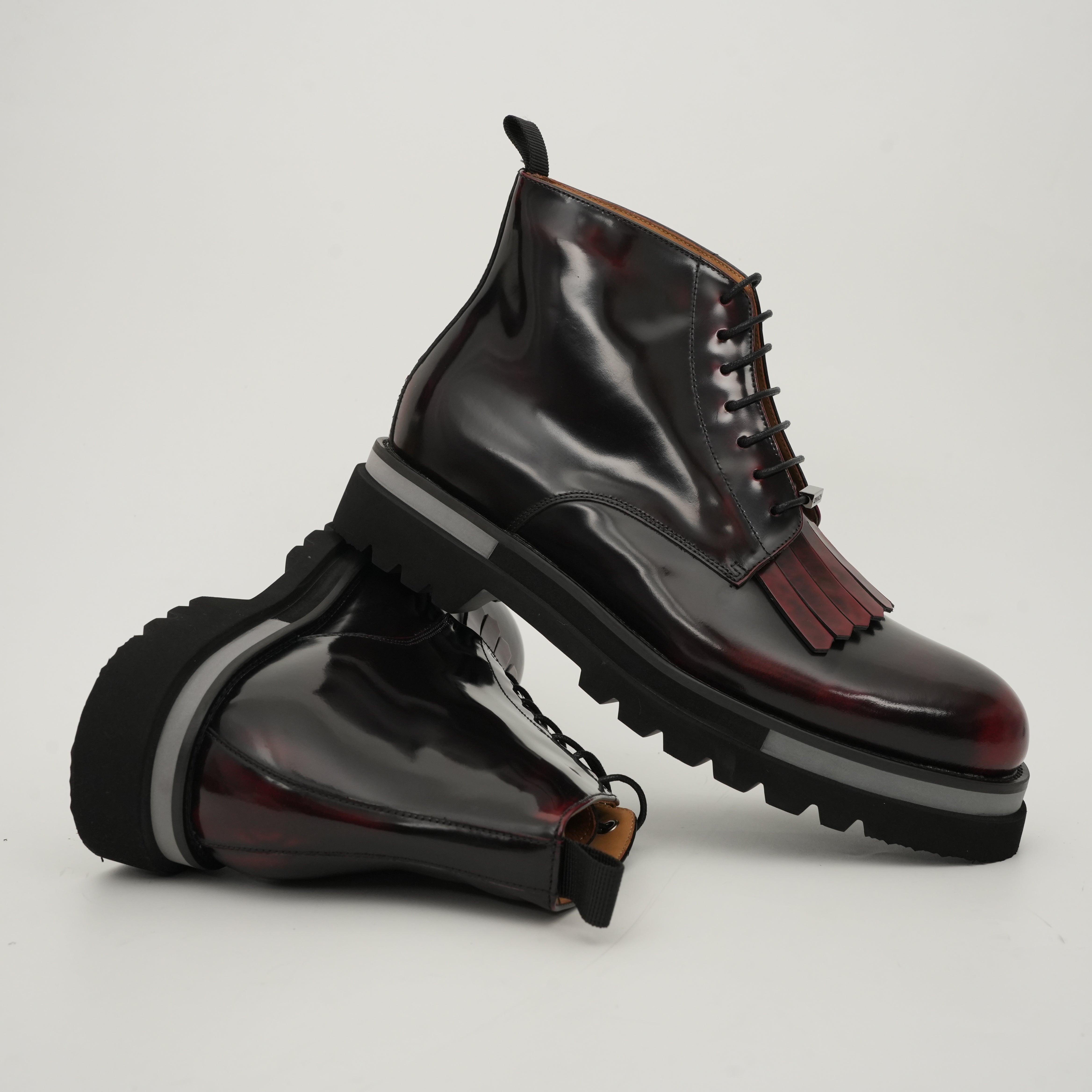 Black Patent Fringe Lug Sole Boots