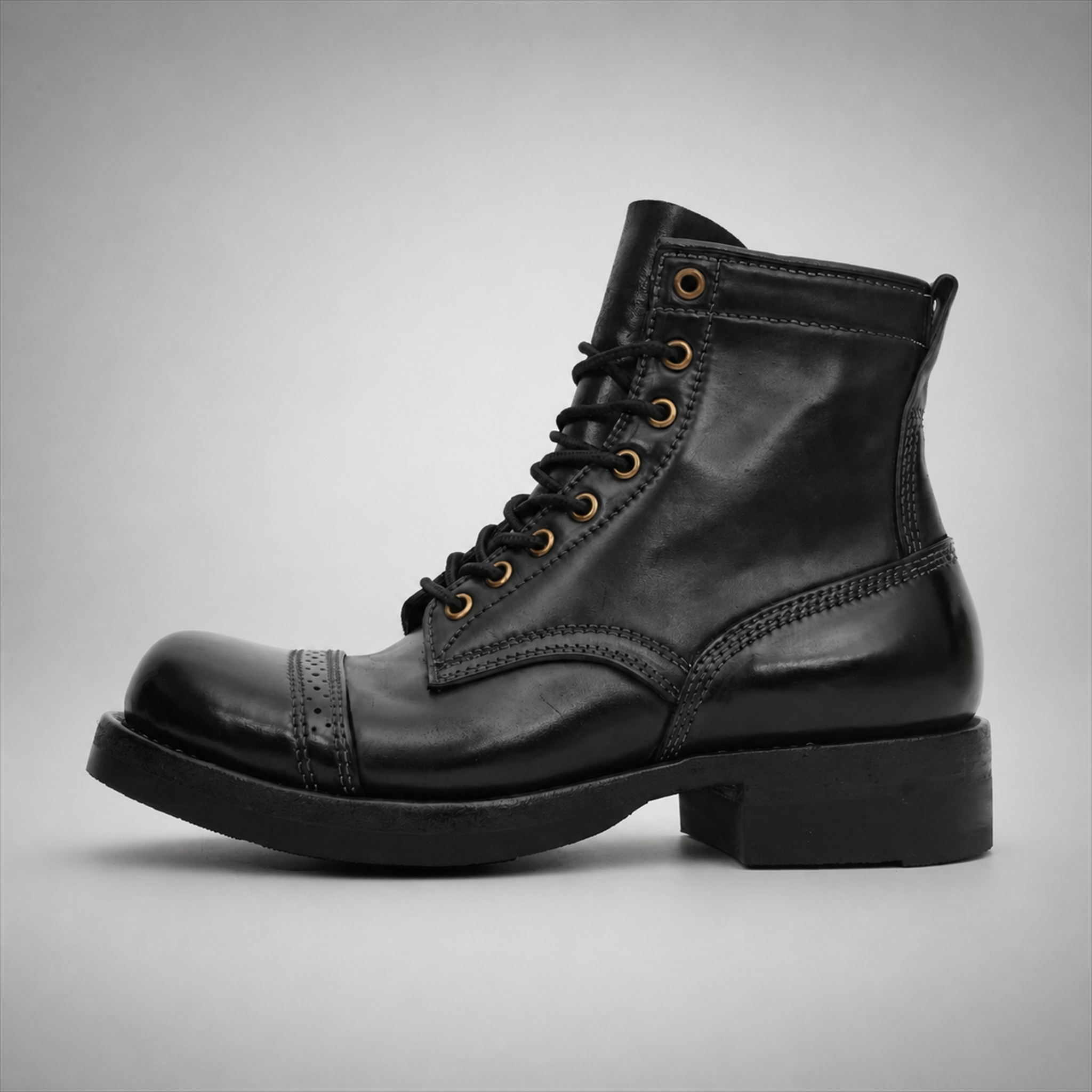 VanPasch Frontier Cap-Toe Service Boot in Black Horse Leather, side view