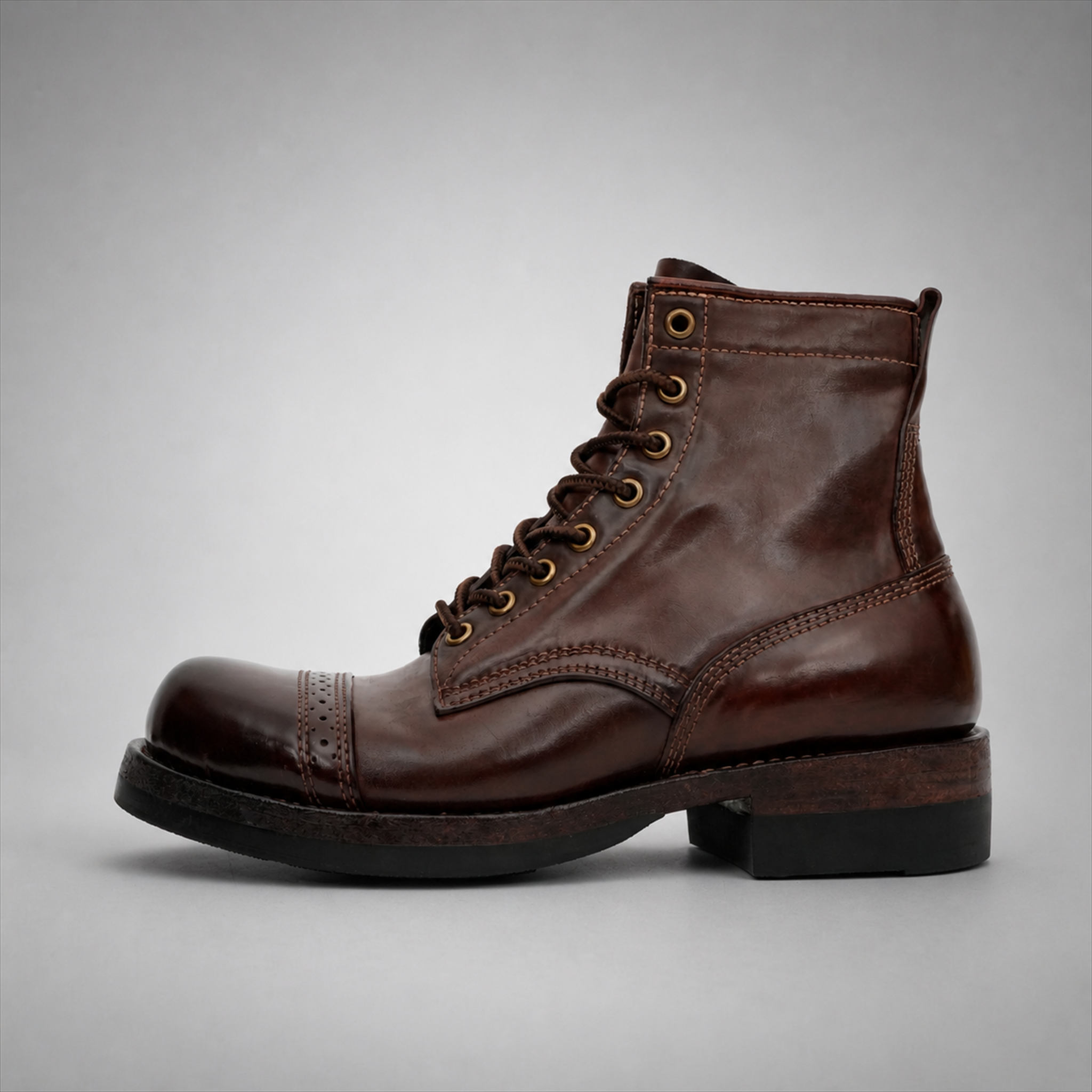 VanPasch Frontier Cap-Toe Service Boot in Coffee Brown Horse Leather, side view
