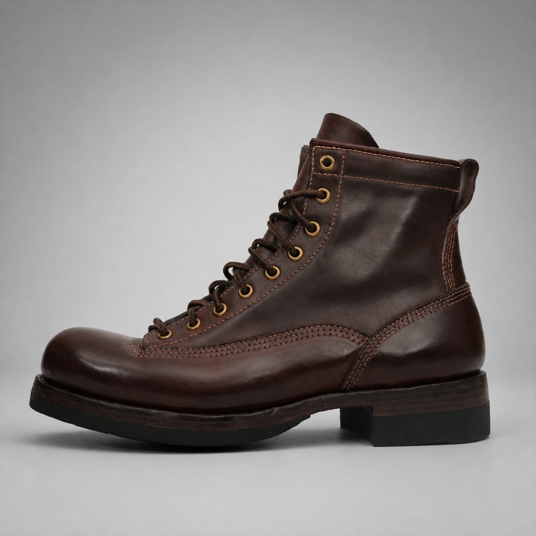 VanPasch Outrider Plain-Toe Service Boot in Coffee Brown Horse Leather, side view