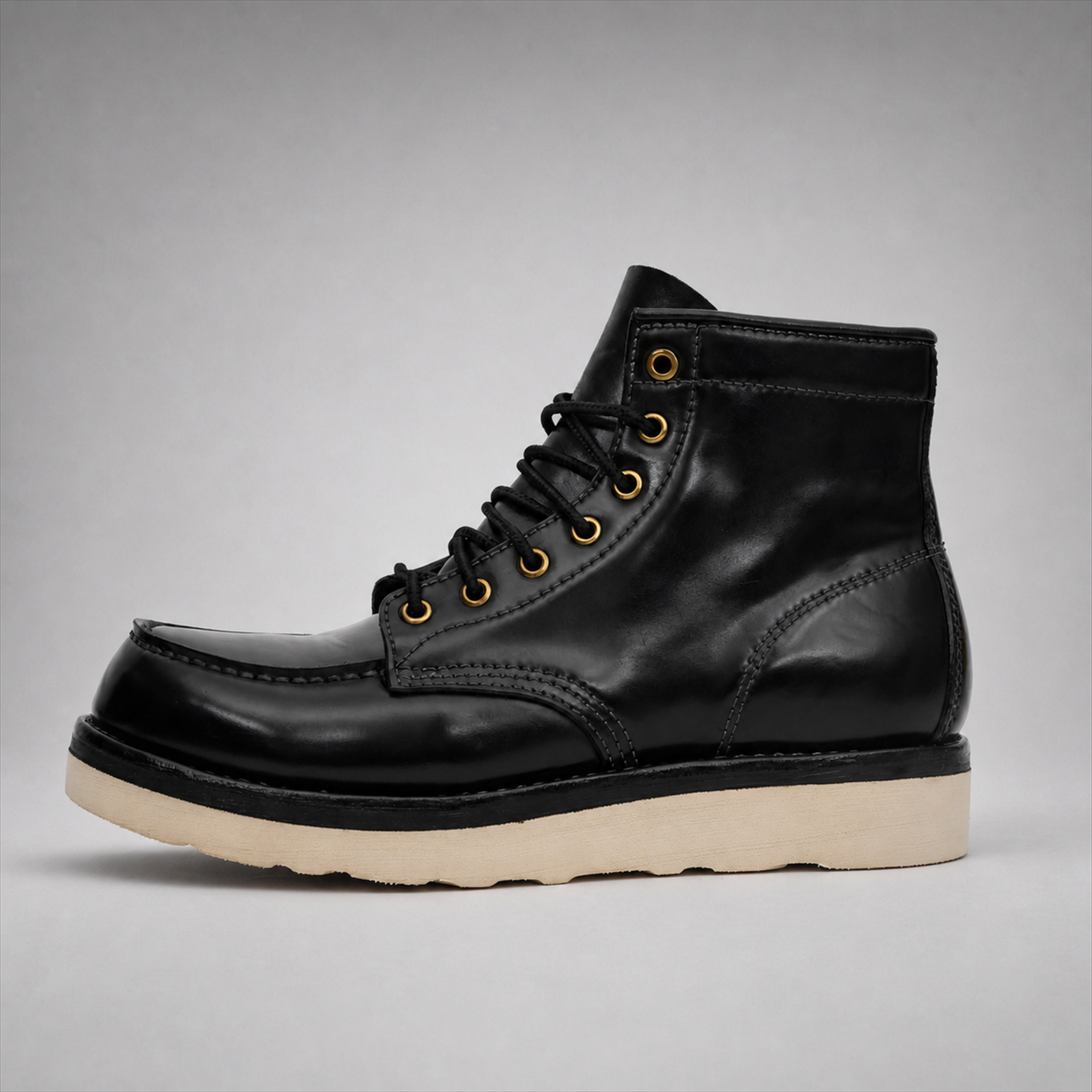 VanPasch Railman Moc-Toe Wedge Boot in Black Horse Leather, side view