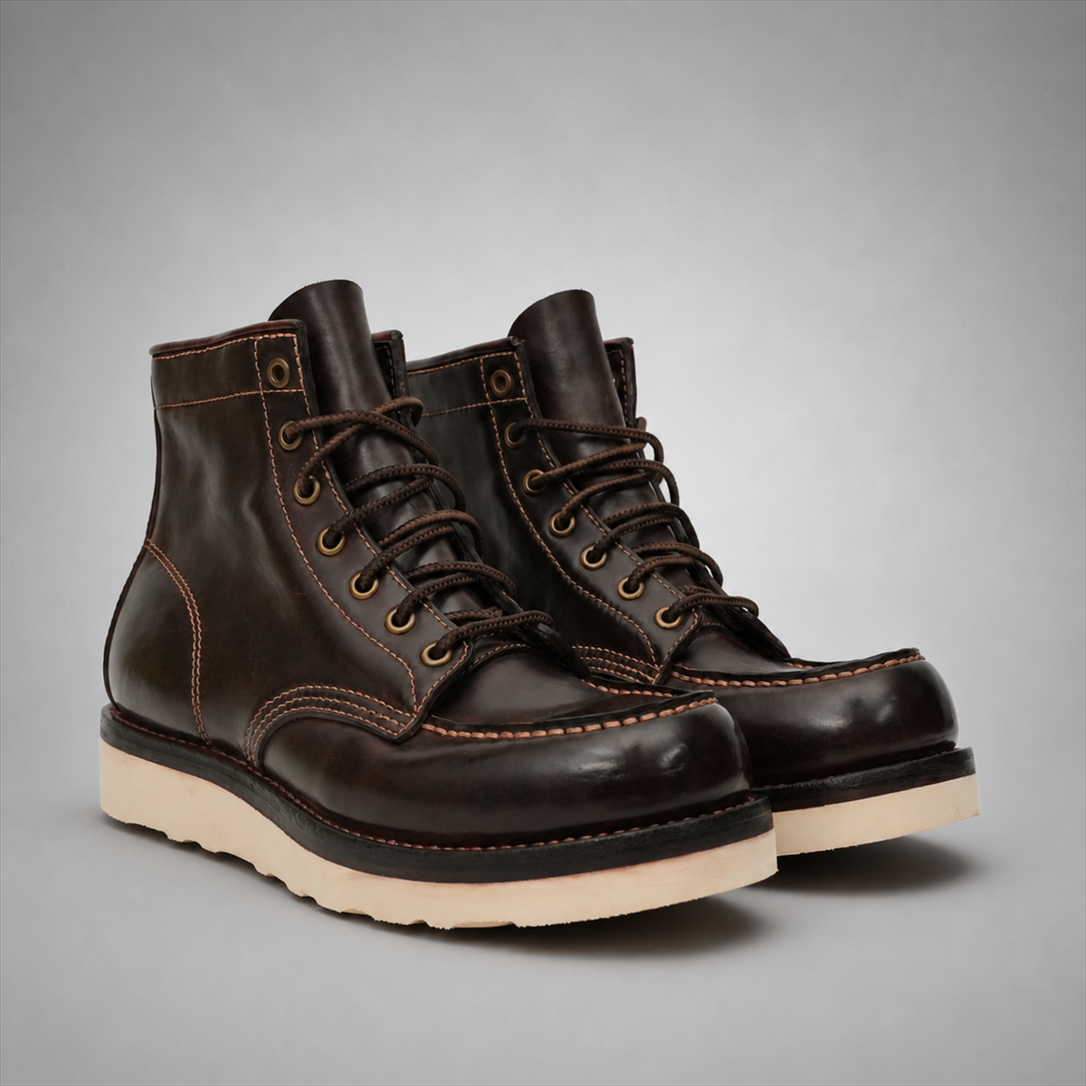 VanPasch Railman Moc-Toe Wedge Boot in Coffee Brown Horse Leather