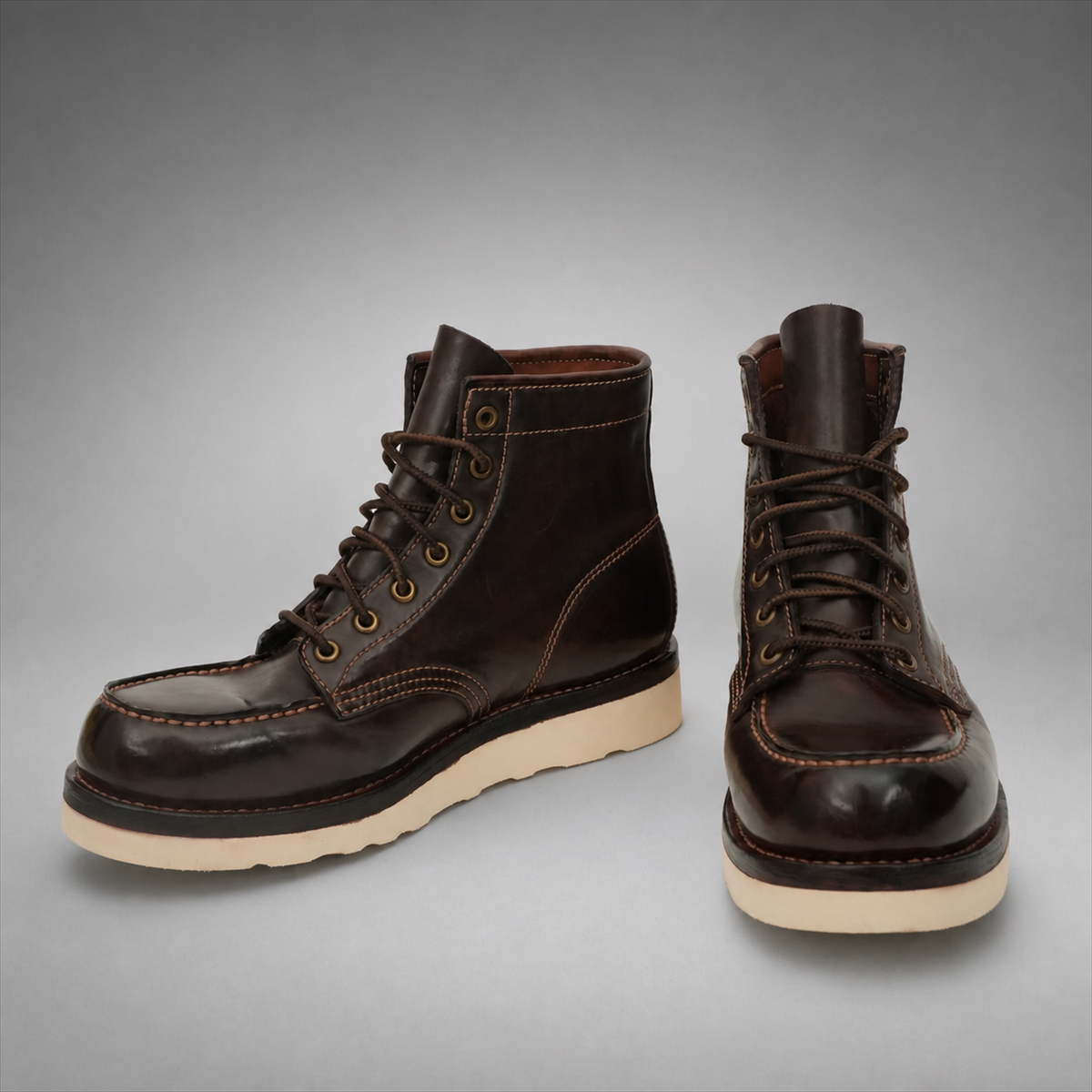 VanPasch Railman Moc-Toe Wedge Boot in Coffee Brown Horse Leather