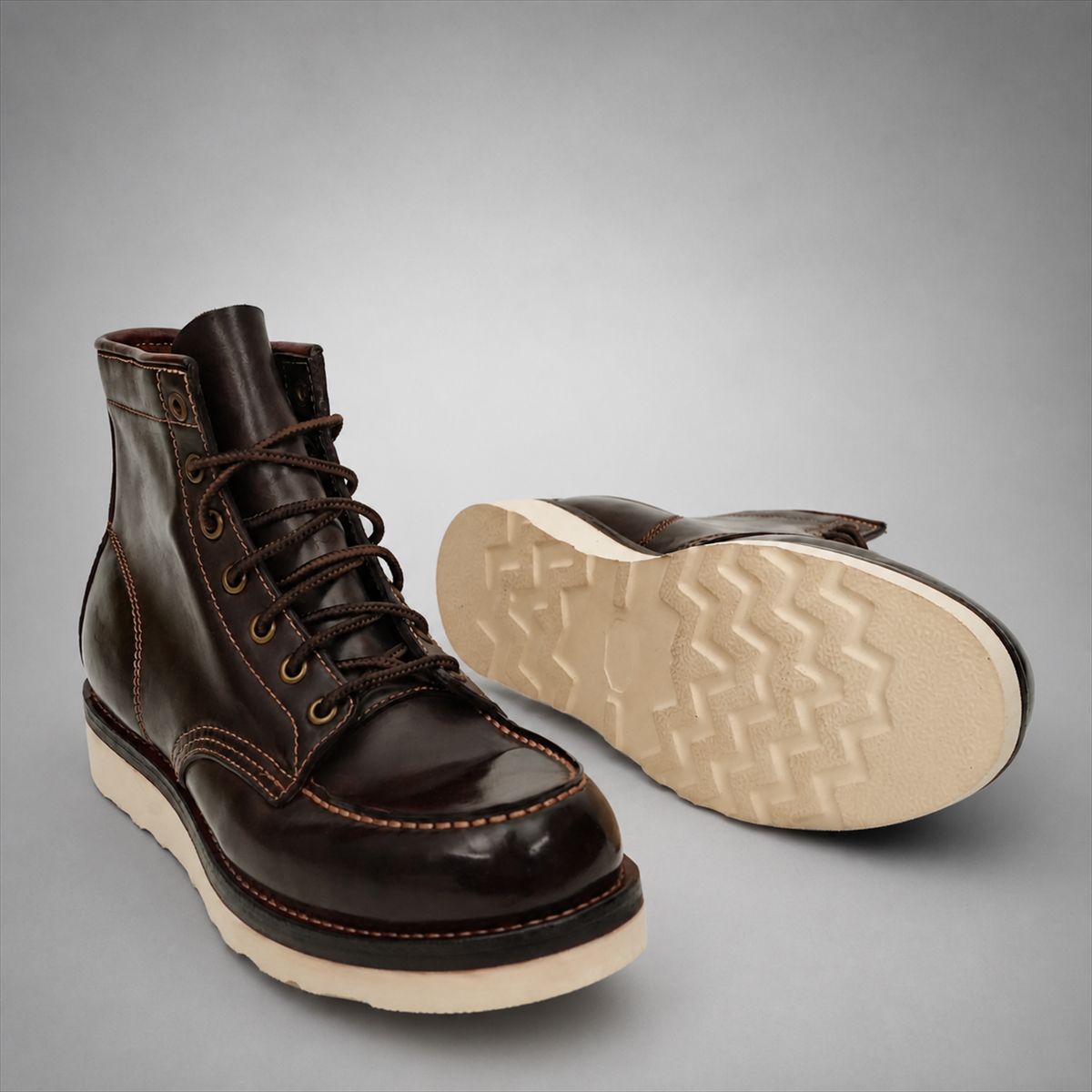 VanPasch Railman Moc-Toe Wedge Boot in Coffee Brown Horse Leather