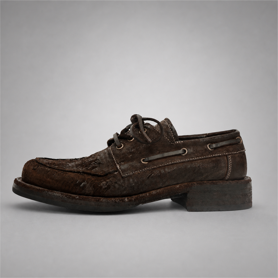 VanPasch Marlow Boat Shoe in Coffee Brown Roughout Shell Cordovan, side view