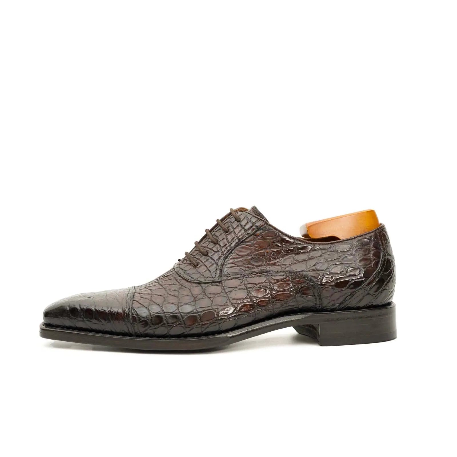 Dark Brown Crocodile Cap-Toe Oxfords VanPasch