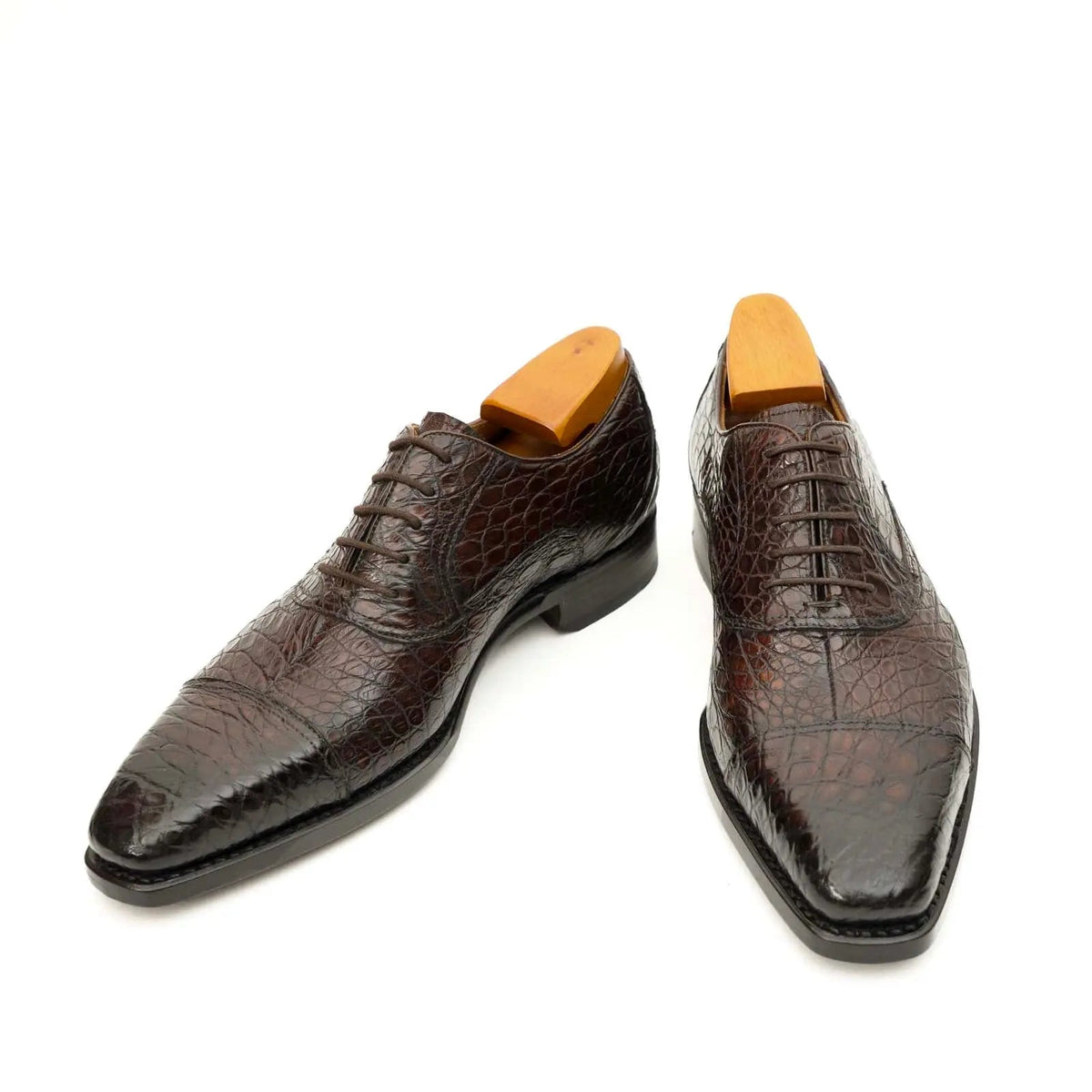 Dark Brown Crocodile Cap-Toe Oxfords VanPasch