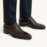 Dark Brown Crocodile Cap-Toe Oxfords on-foot studio view – VanPasch