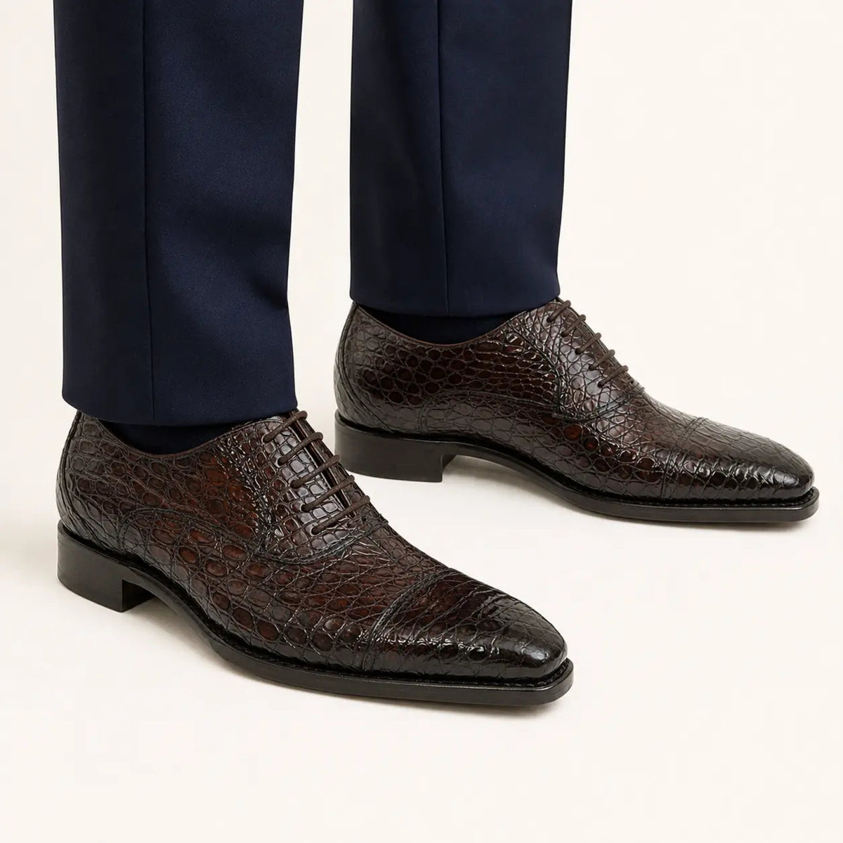 Dark Brown Crocodile Cap-Toe Oxfords on-foot studio view – VanPasch