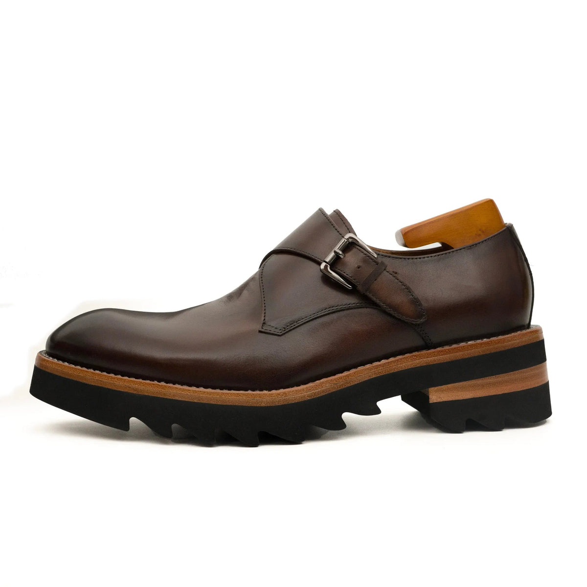 Dark Brown Lug Sole Monk Strap Shoes VanPasch
