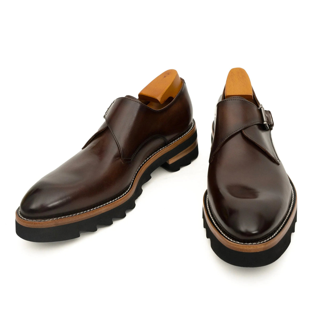 Dark Brown Lug Sole Monk Strap Shoes VanPasch