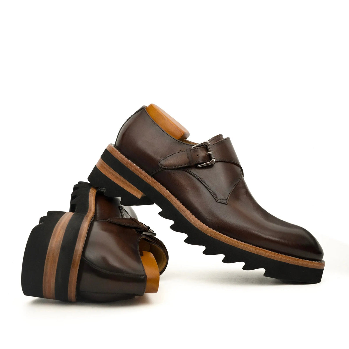 Dark Brown Lug Sole Monk Strap Shoes VanPasch