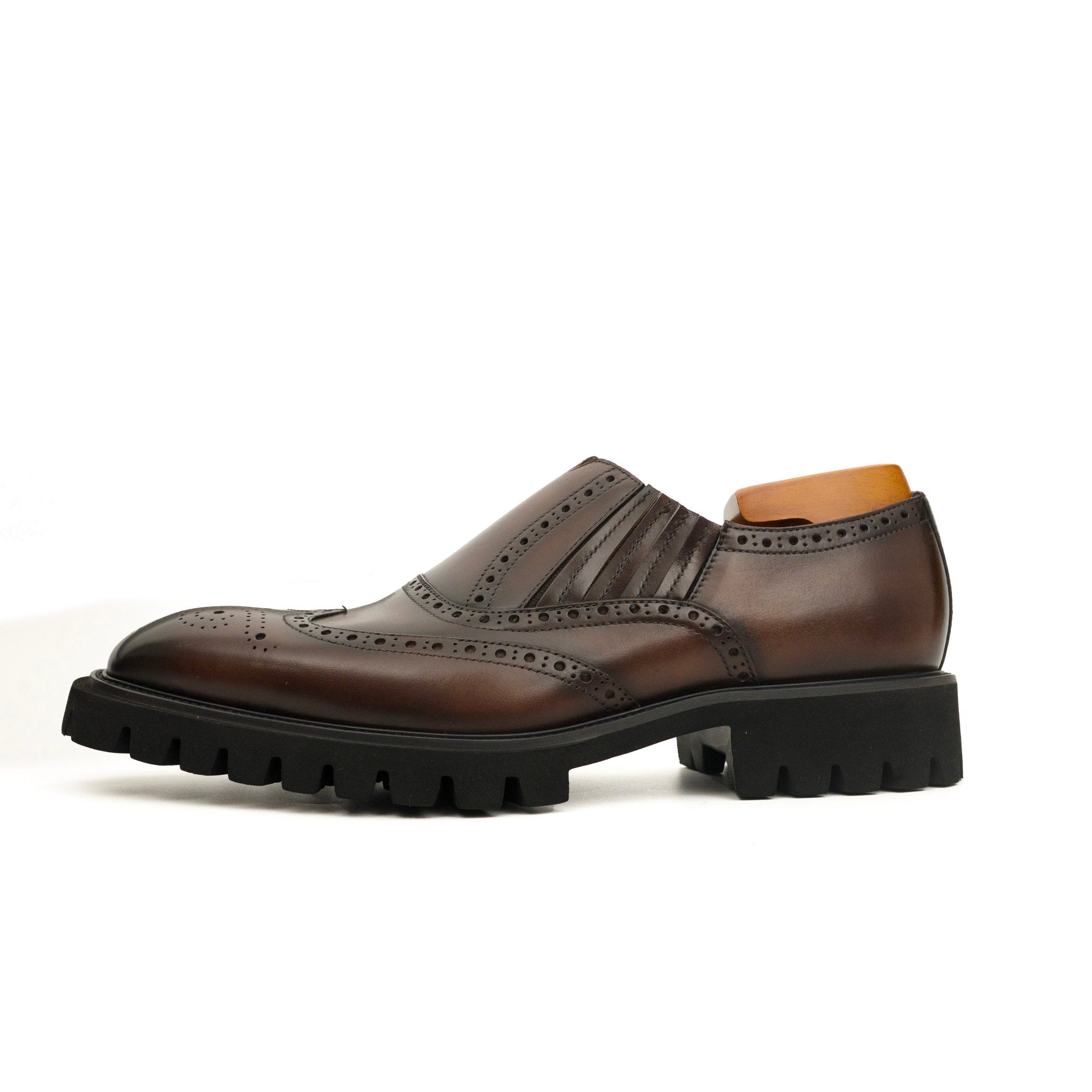 Dark Brown Wingtip Cow Leather Slip-On Shoes | VanPasch