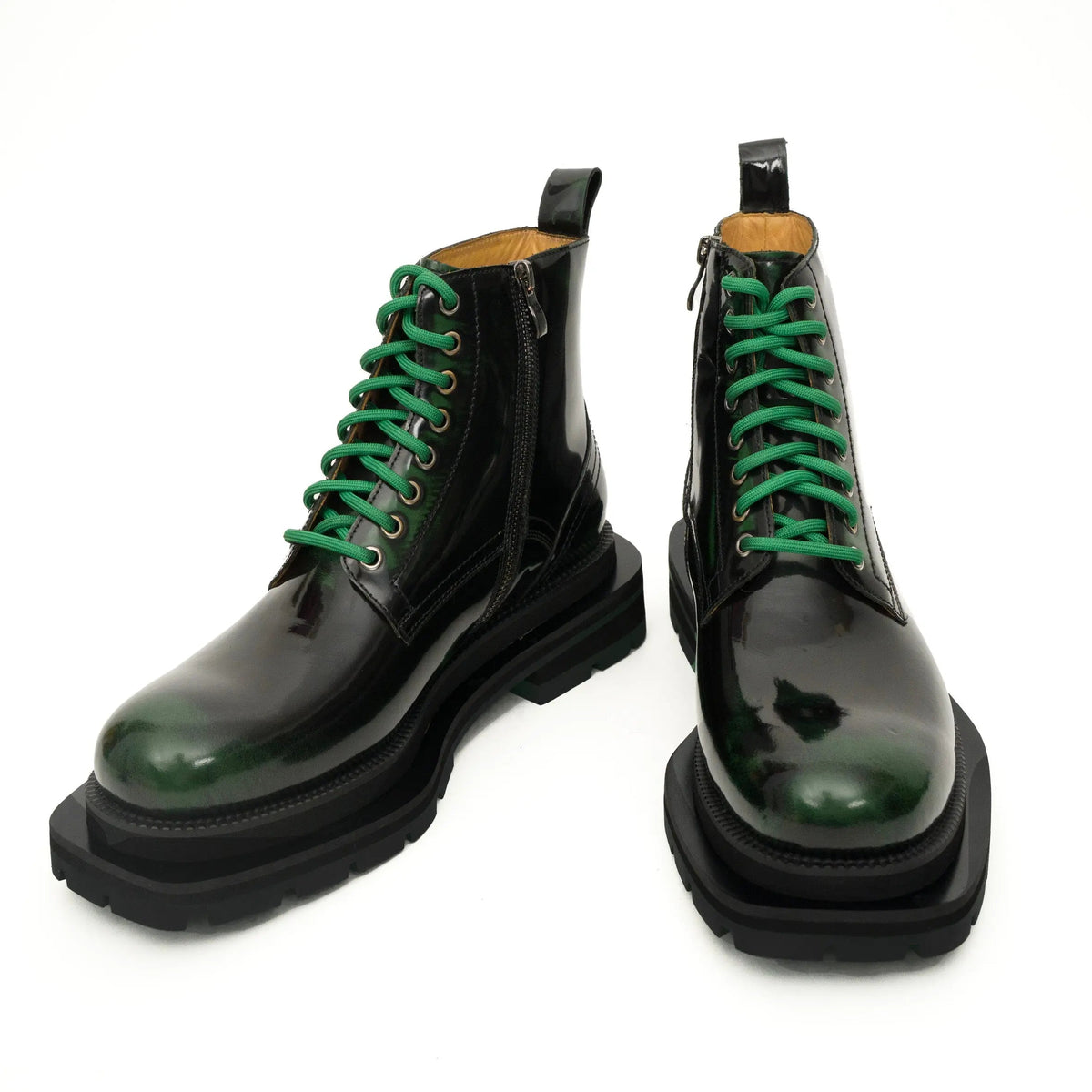 Green-Black Polished Lace-Up Boots VanPasch