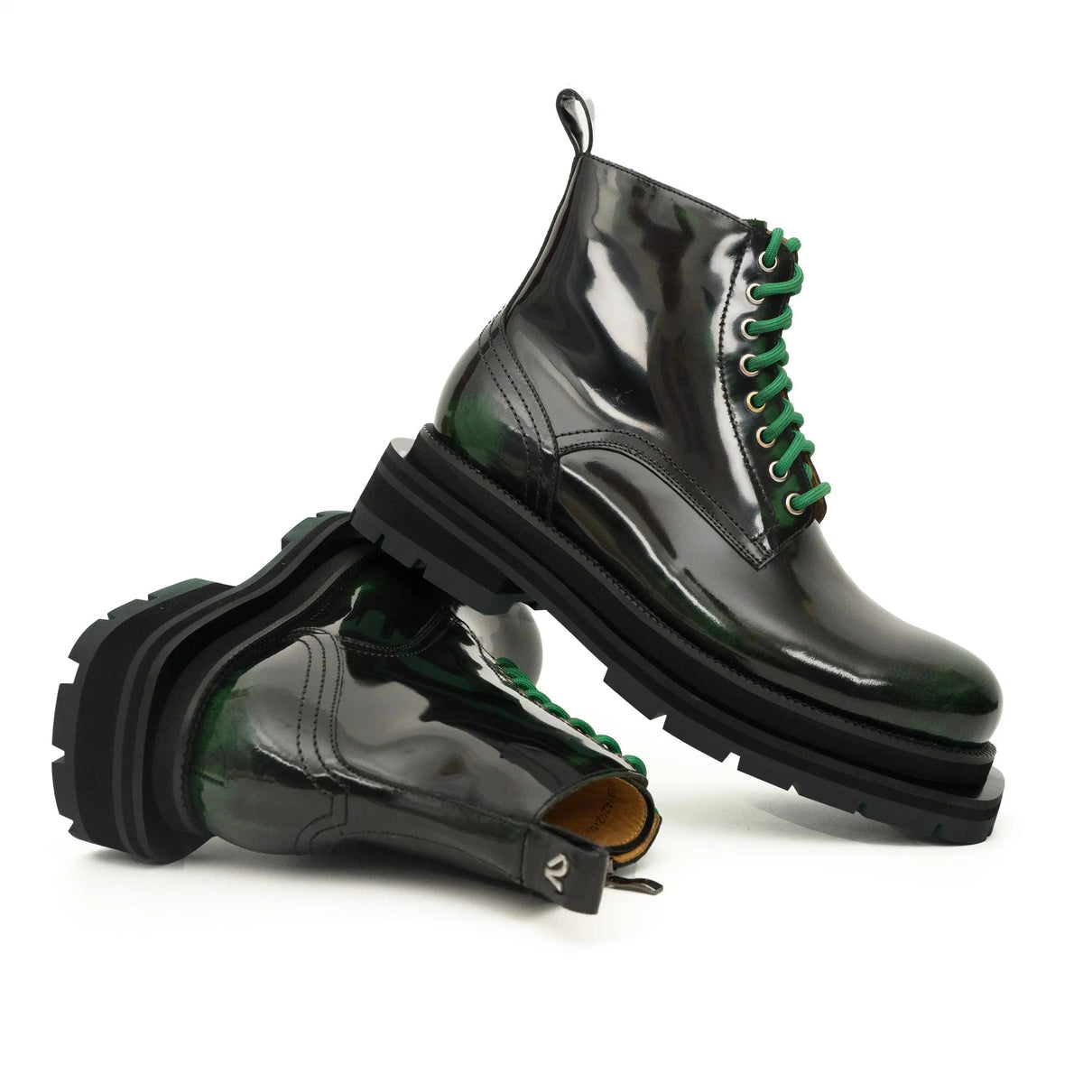 Green-Black Polished Lace-Up Boots VanPasch