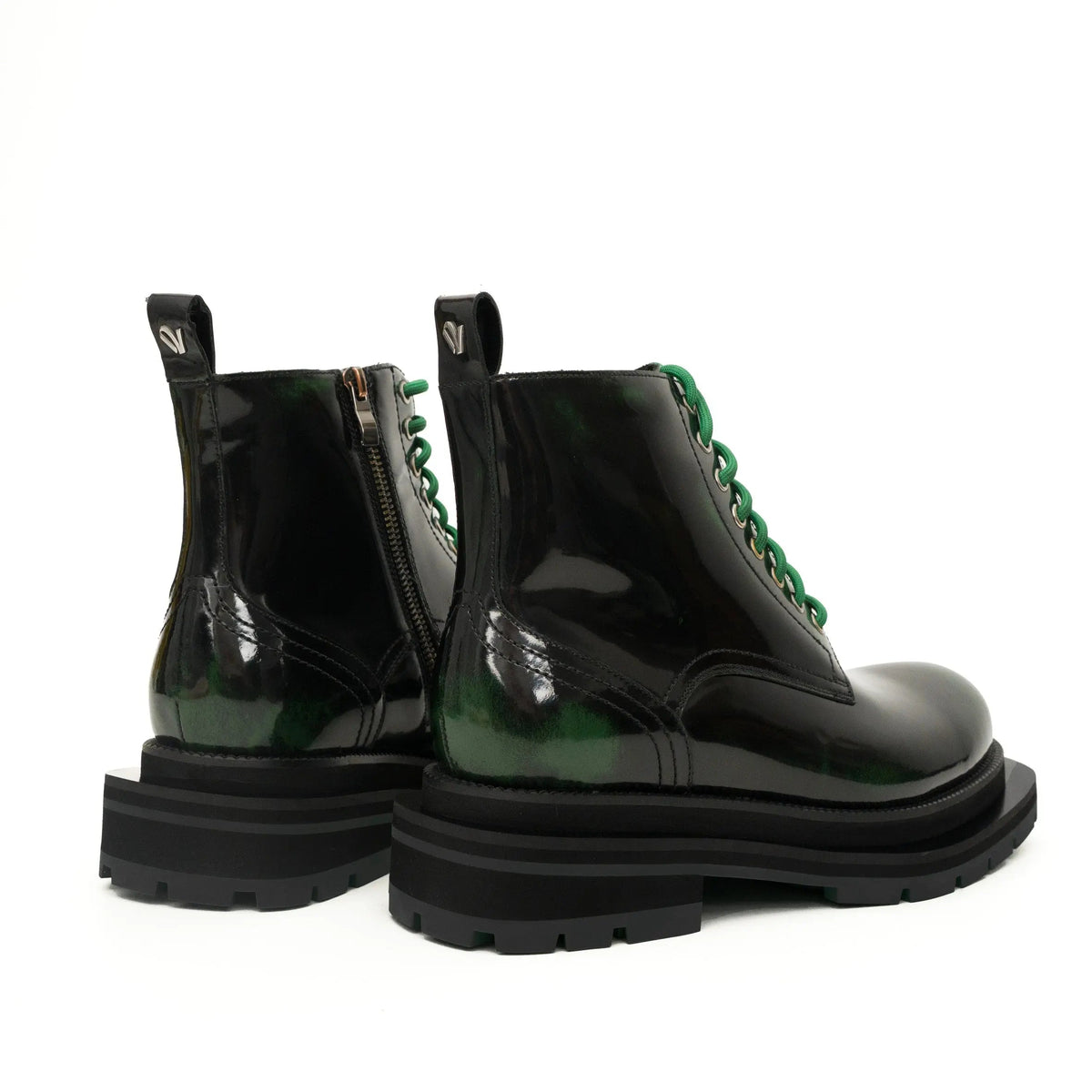 Green-Black Polished Lace-Up Boots VanPasch