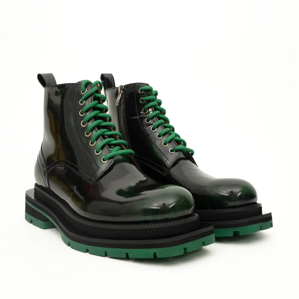 Green-Black Polished Lace-Up Boots VanPasch