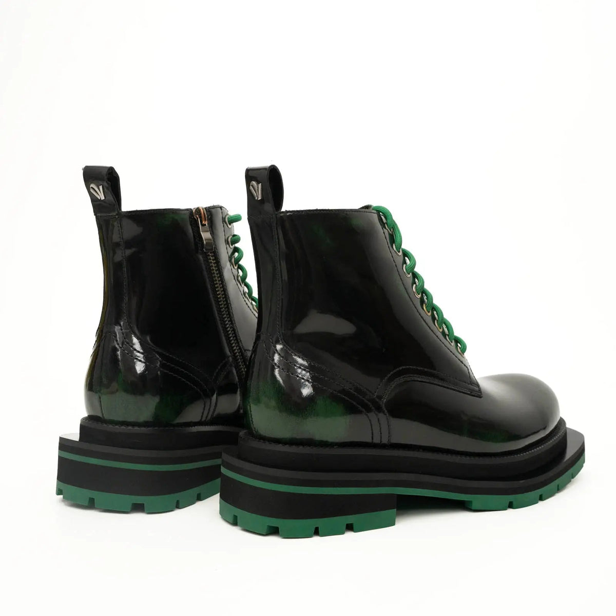 Green-Black Polished Lace-Up Boots VanPasch