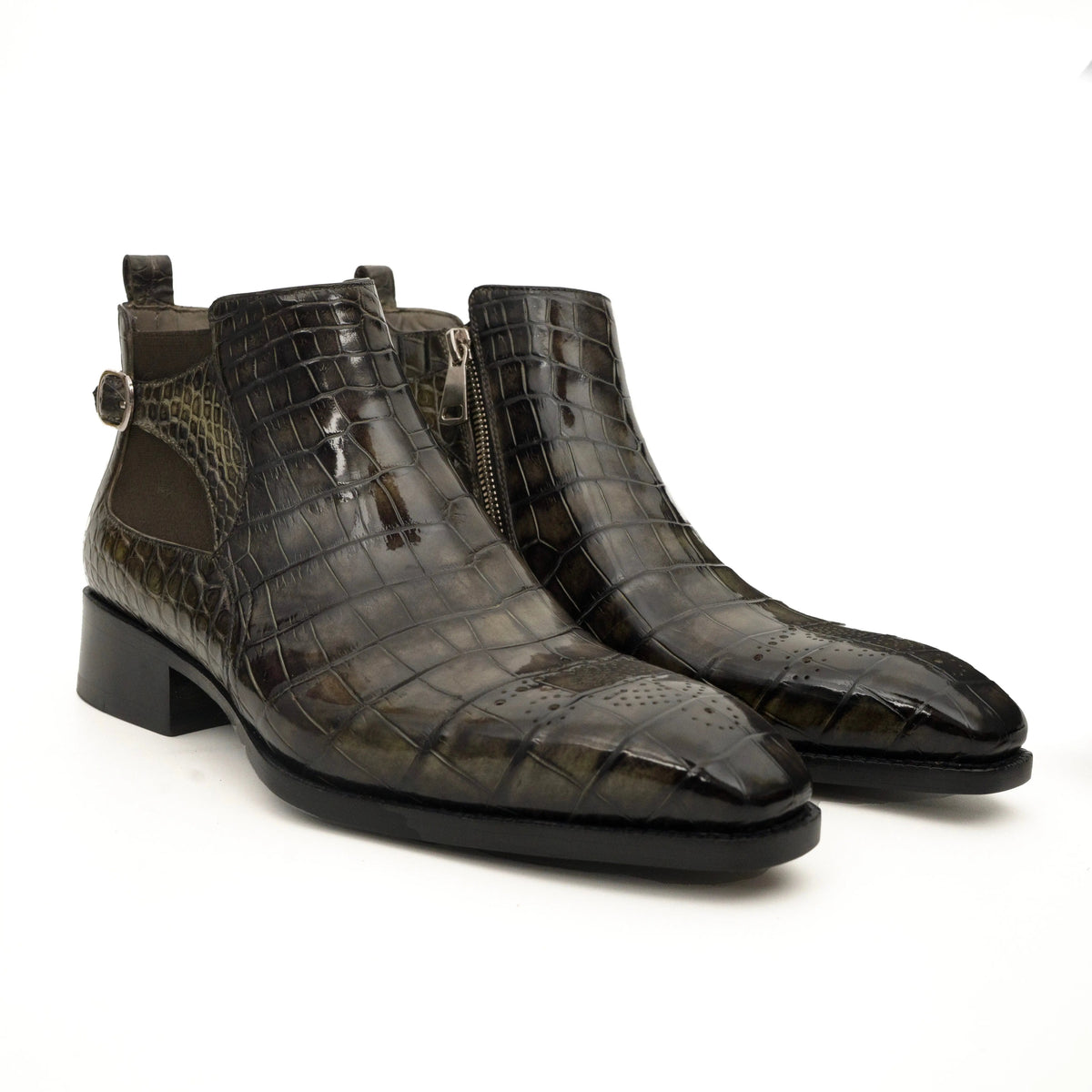 Olive Croc-Embossed Cutout Ankle Boots VanPasch