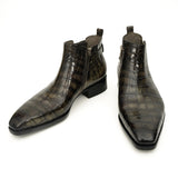 Olive Croc-Embossed Cutout Ankle Boots VanPasch