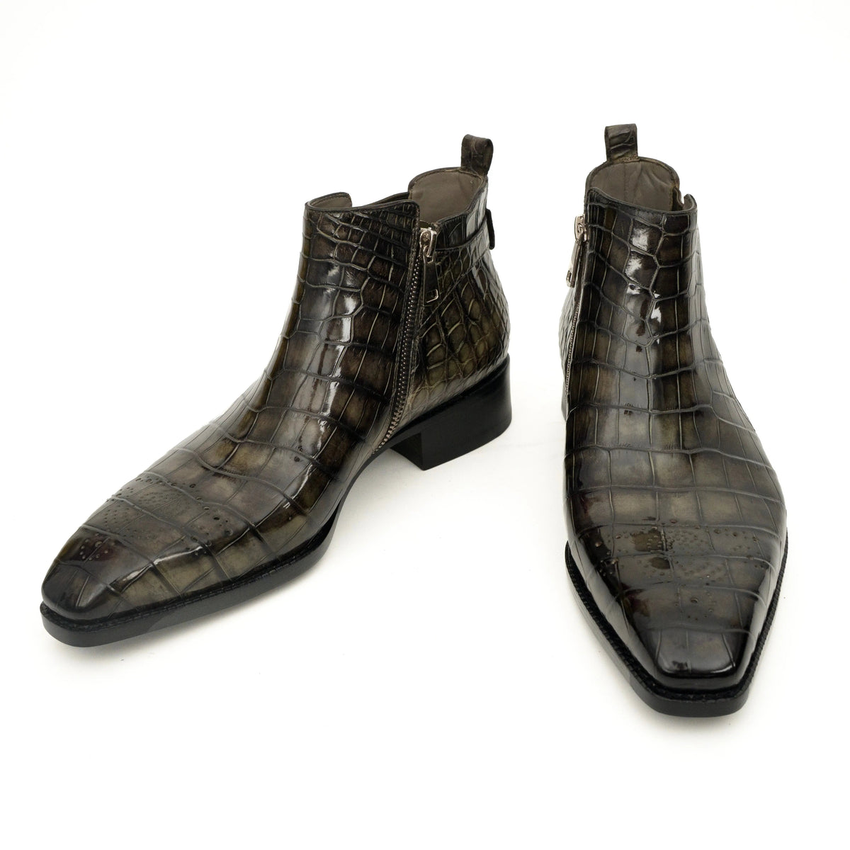 Olive Croc-Embossed Cutout Ankle Boots VanPasch