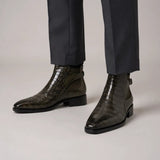 Olive Croc-Embossed Cutout Ankle Boots on-foot product photo