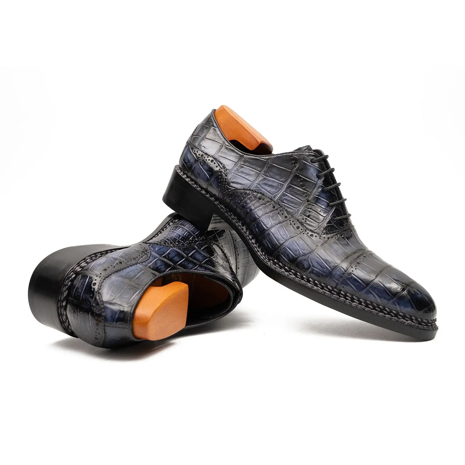 Purplish Blue Crocodile Oxford Shoes Goodyear Norwegian 8016 VanPasch