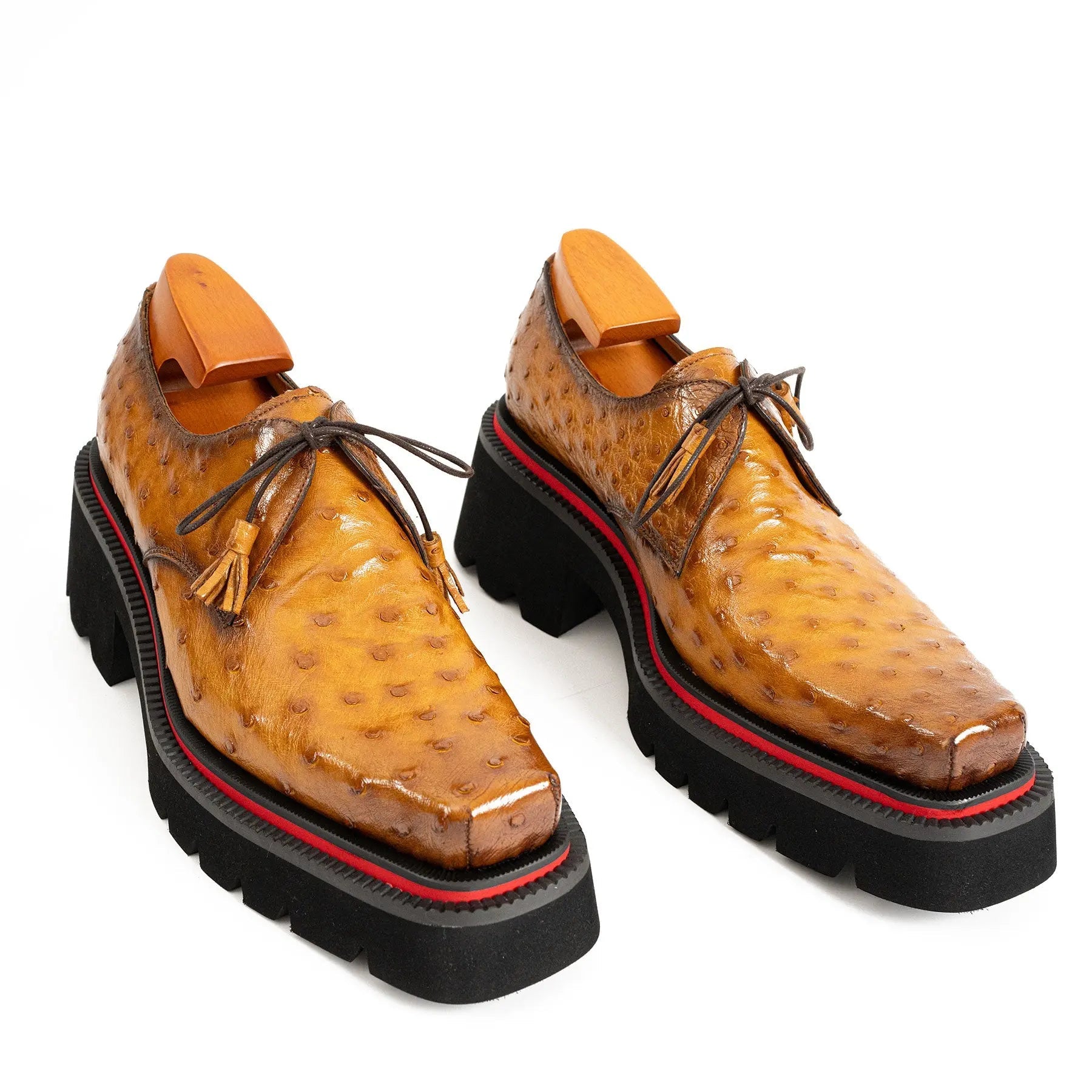 Thick-soled ochre ostrich leather Derby shoes VanPasch