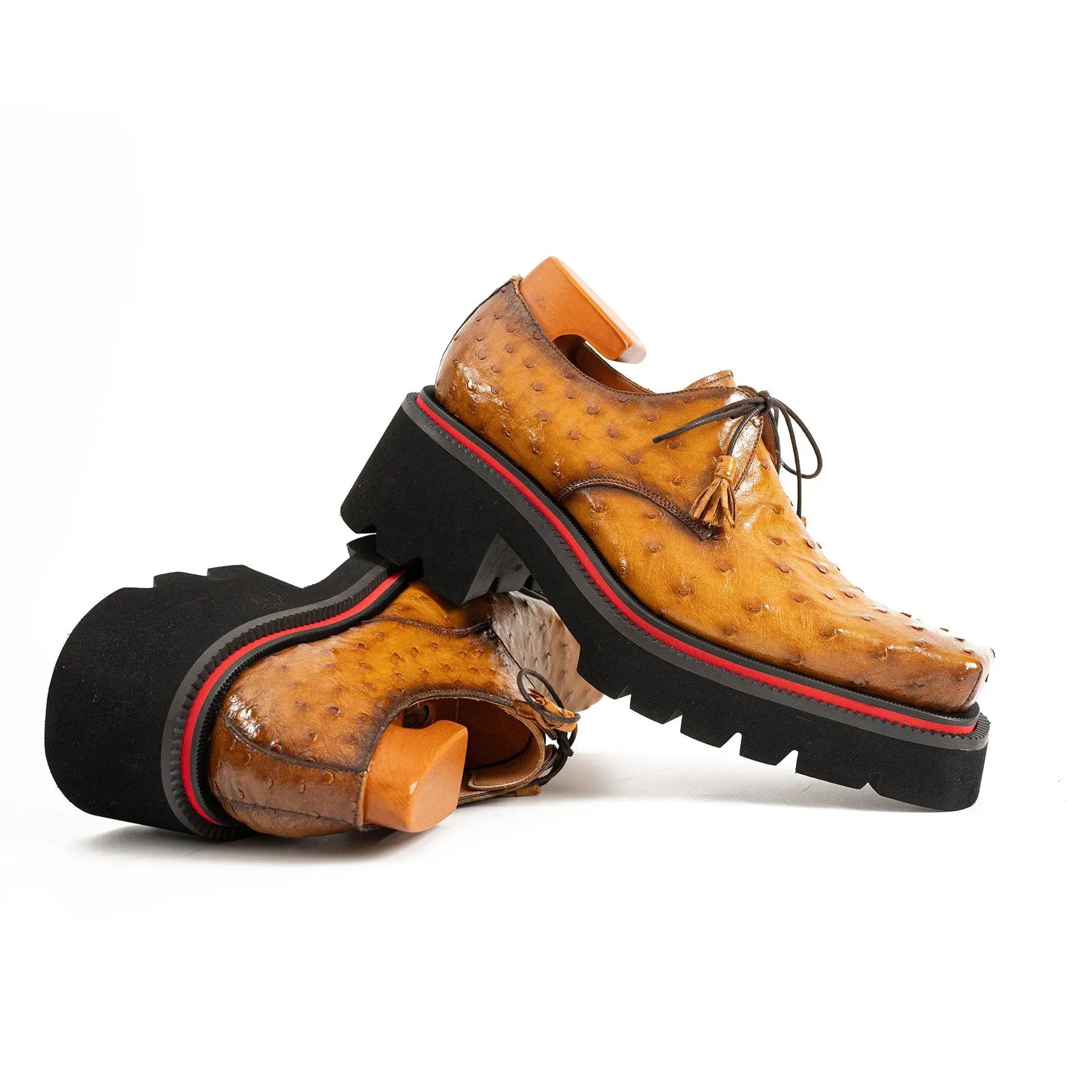 Thick-soled ochre ostrich leather Derby shoes VanPasch