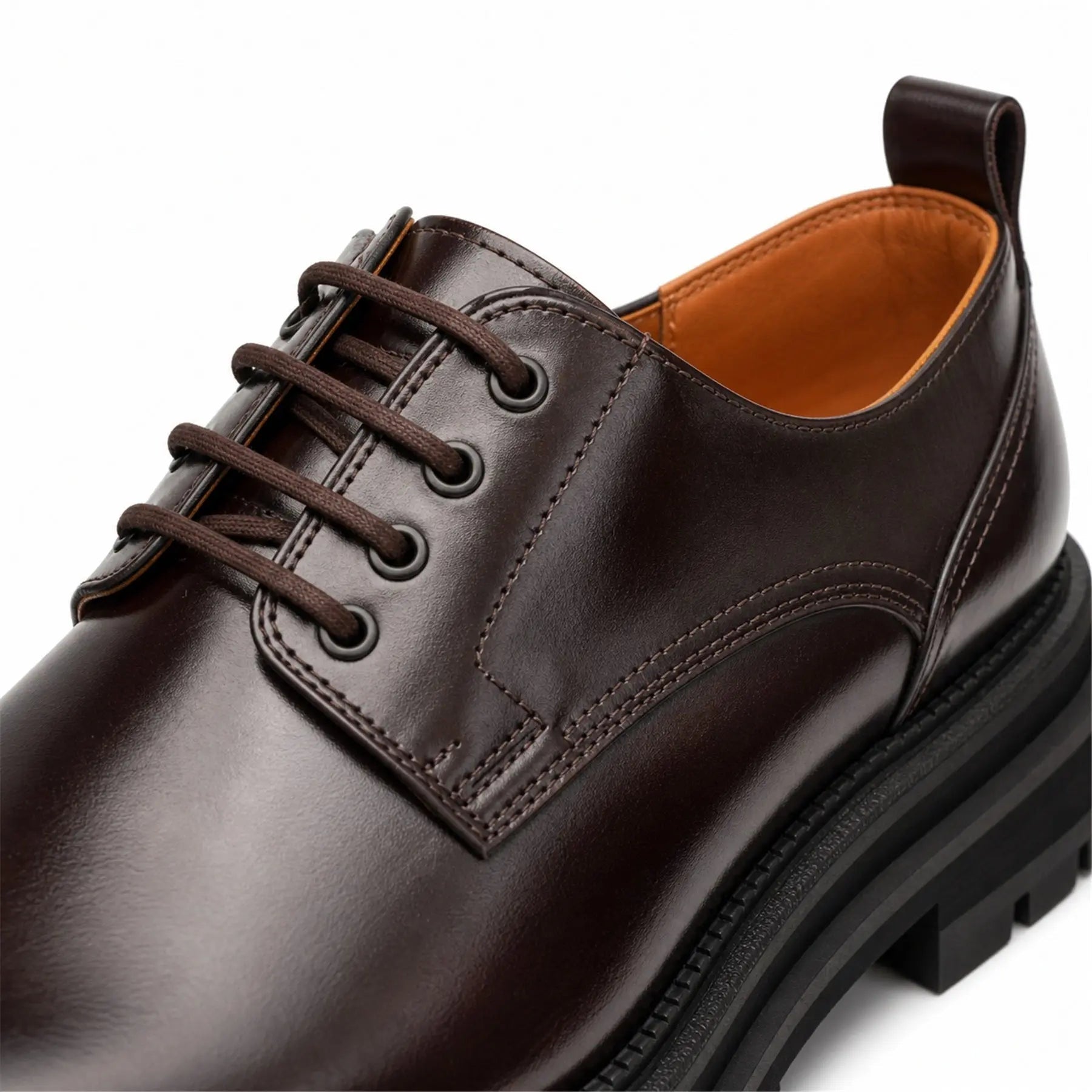 VanPasch 8221KHA coffee lug sole derby shoes upper and laces detail